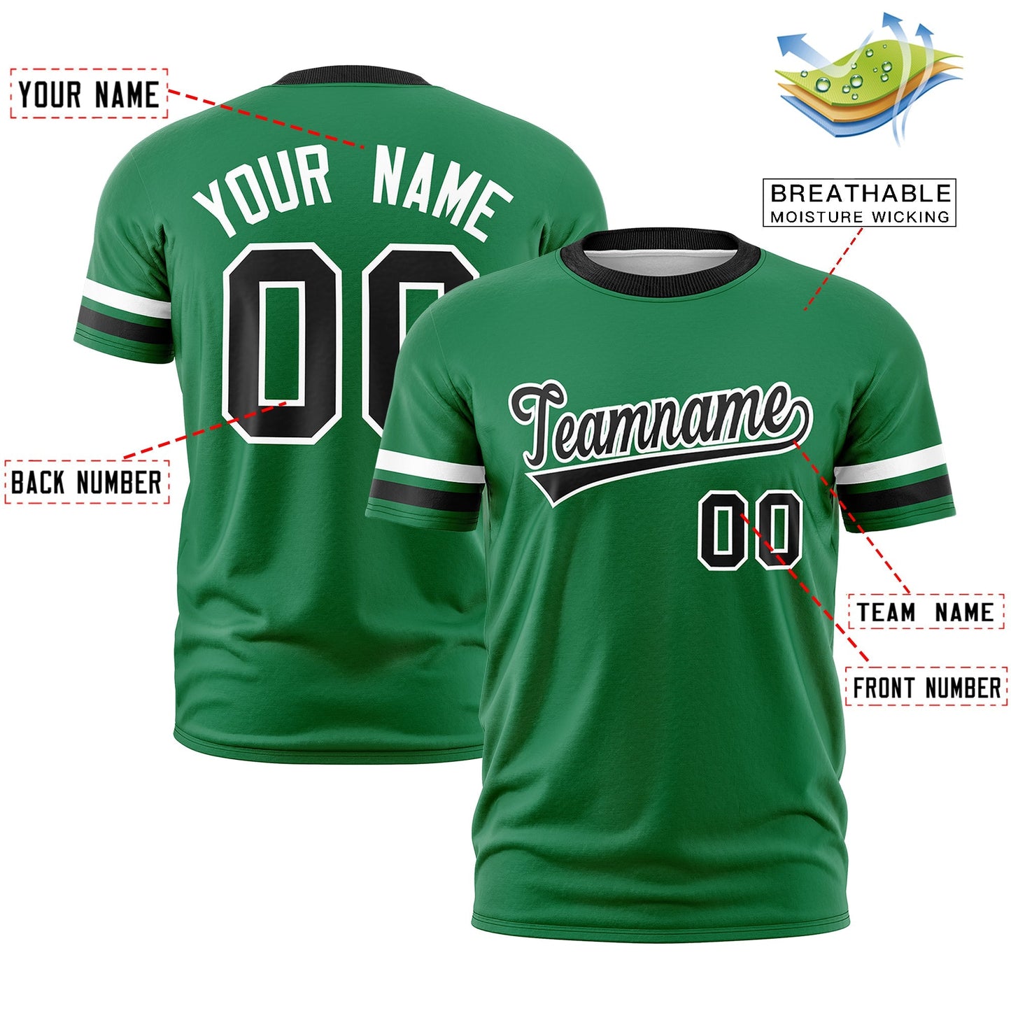 Custom Kelly Green Black T-shirt Classic Style Stripe Fashion Sports Shirt for Youth & Adults