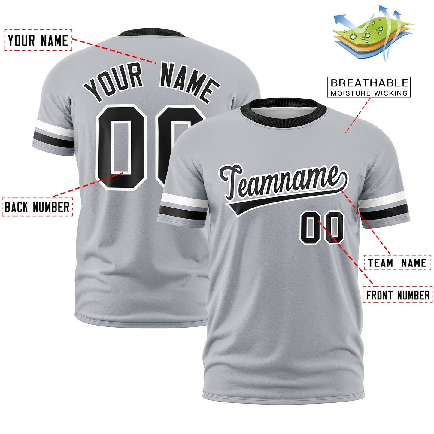 Custom Gray Black T-shirt Classic Style Stripe Fashion Sports Shirt for Youth & Adults