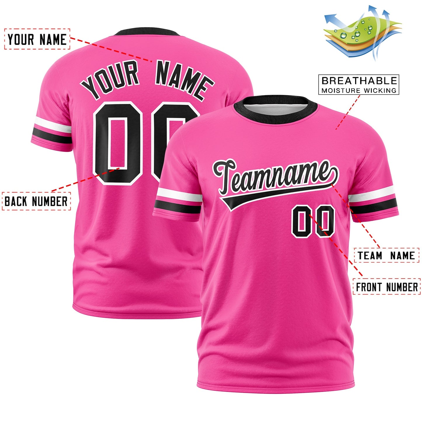 Custom Pink Black T-shirt Classic Style Stripe Fashion Sports Shirt for Youth & Adults