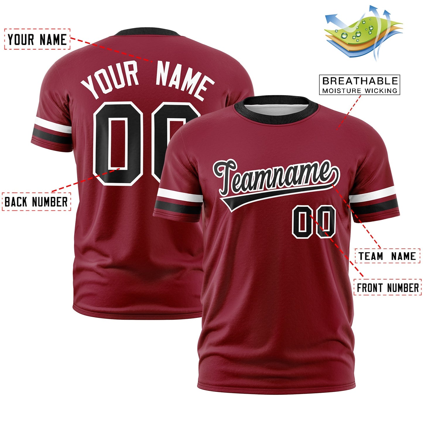 Custom Crimson Black T-shirt Classic Style Stripe Fashion Sports Shirt for Youth & Adults