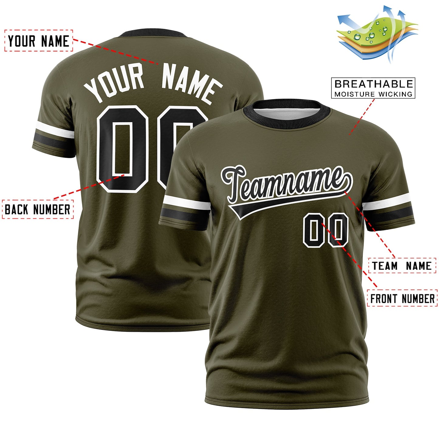Custom Olive Black T-shirt Classic Style Stripe Fashion Sports Shirt for Youth & Adults