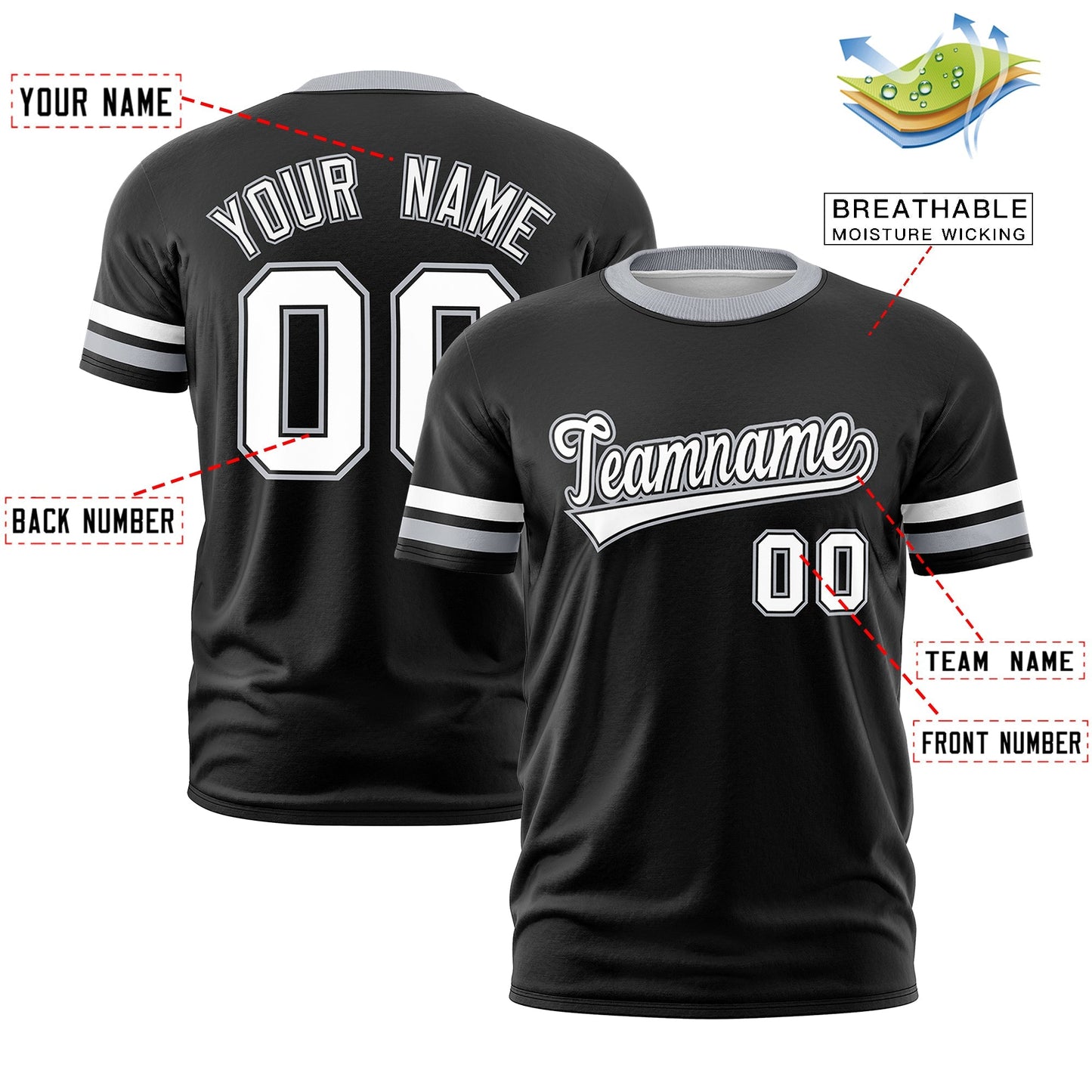 Custom Black Gray T-shirt Classic Style Stripe Fashion Sports Shirt for Youth & Adults