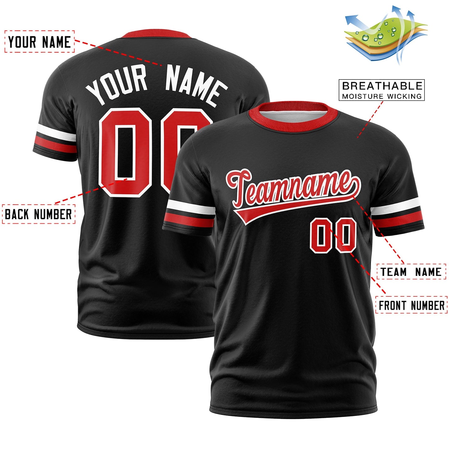 Custom Black Red T-shirt Classic Style Stripe Fashion Sports Shirt for Youth & Adults