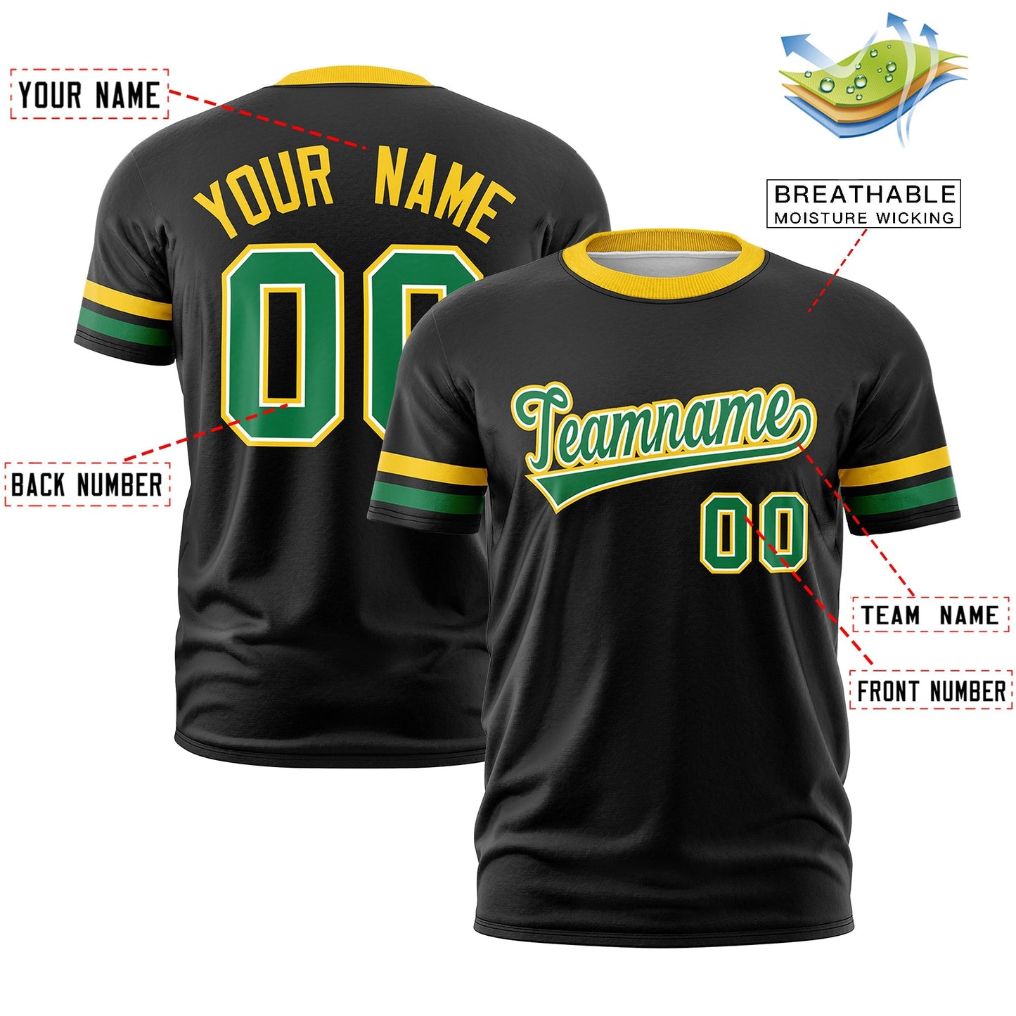 Custom Black Kelly Green T-shirt Classic Style Stripe Fashion Sports Shirt for Youth & Adults