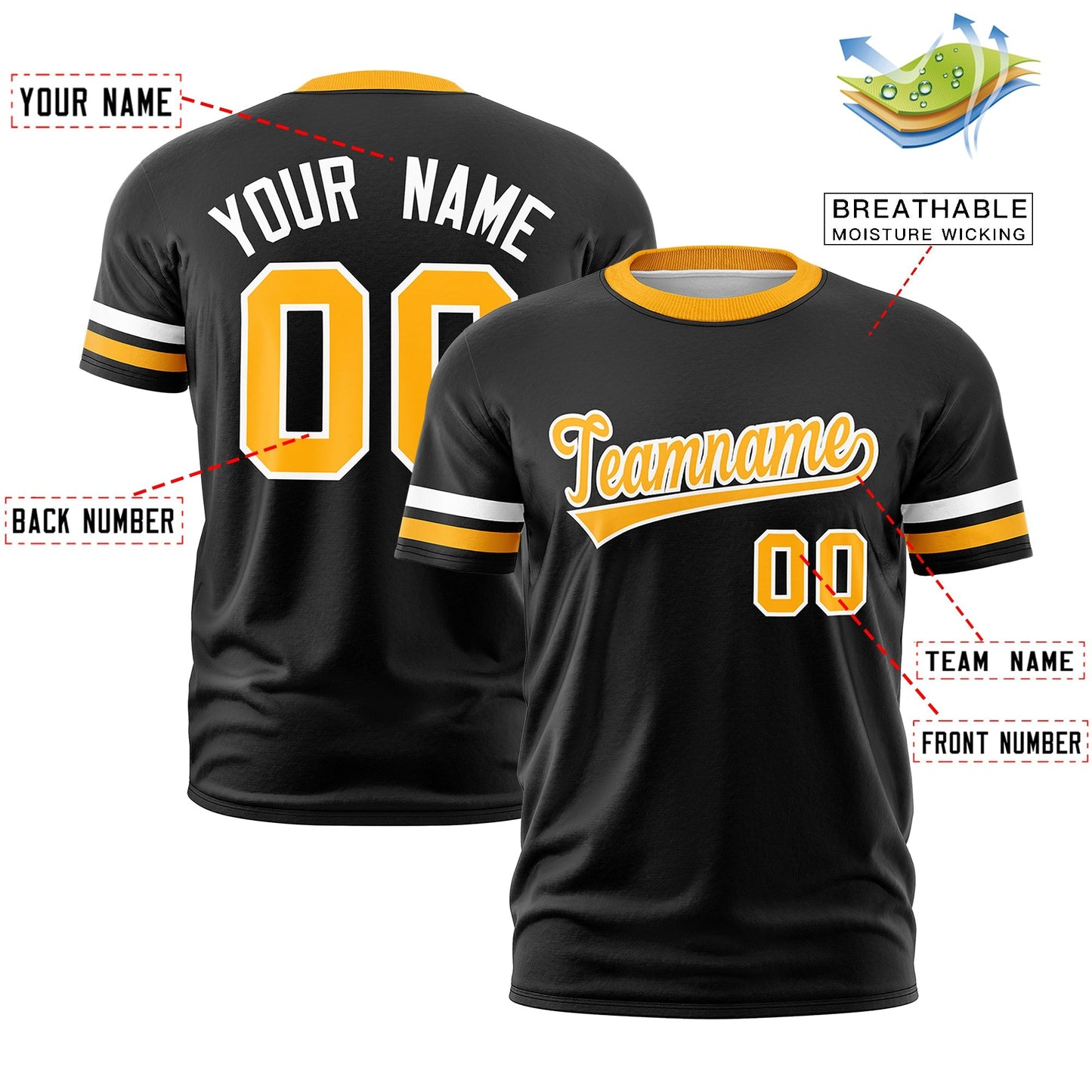 Custom Black Yellow T-shirt Classic Style Stripe Fashion Sports Shirt for Youth & Adults