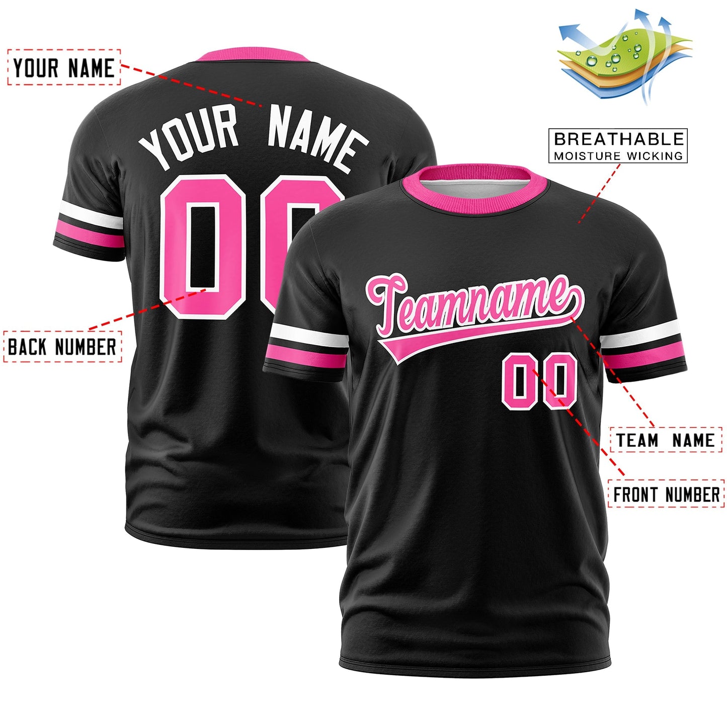Custom Black Pink T-shirt Classic Style Stripe Fashion Sports Shirt for Youth & Adults