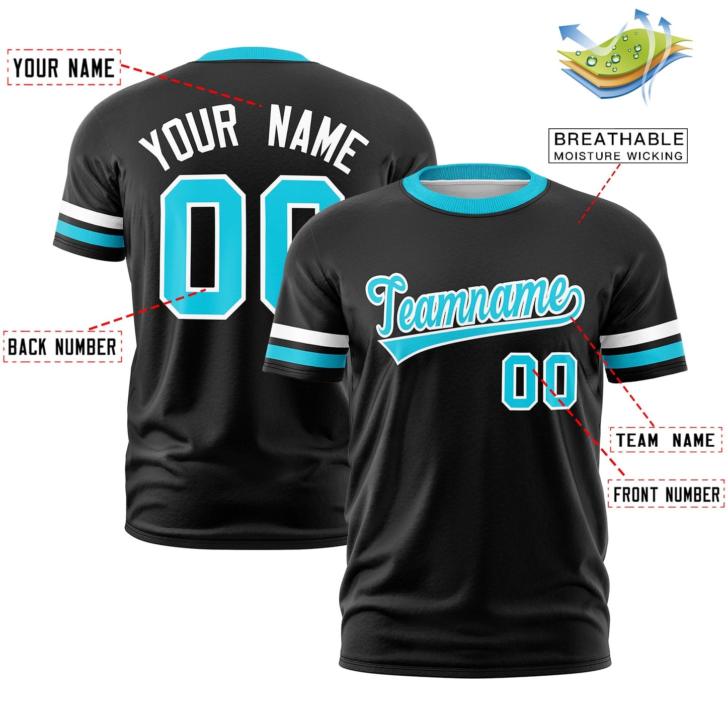Custom Black Sky Blue T-shirt Classic Style Stripe Fashion Sports Shirt for Youth & Adults