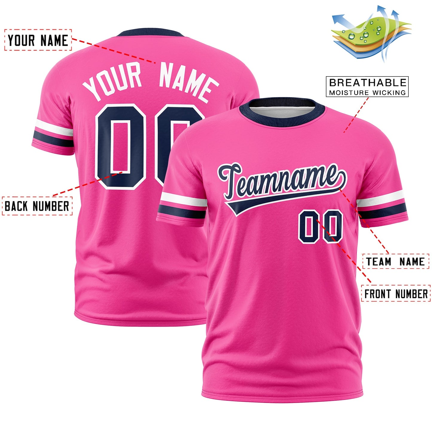 Custom Pink Navy T-shirt Classic Style Stripe Fashion Sports Shirt for Youth & Adults