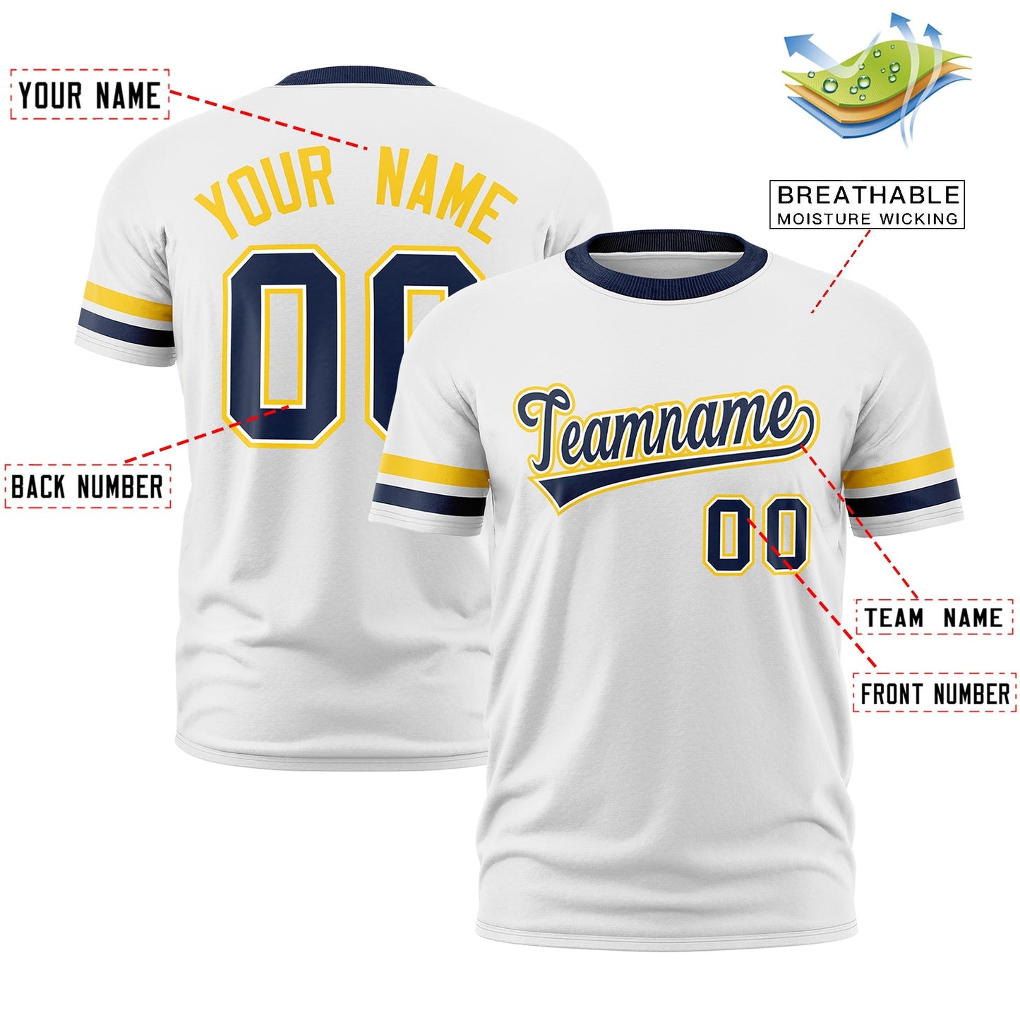 Custom White Navy T-shirt Classic Style Stripe Fashion Sports Shirt for Youth & Adults