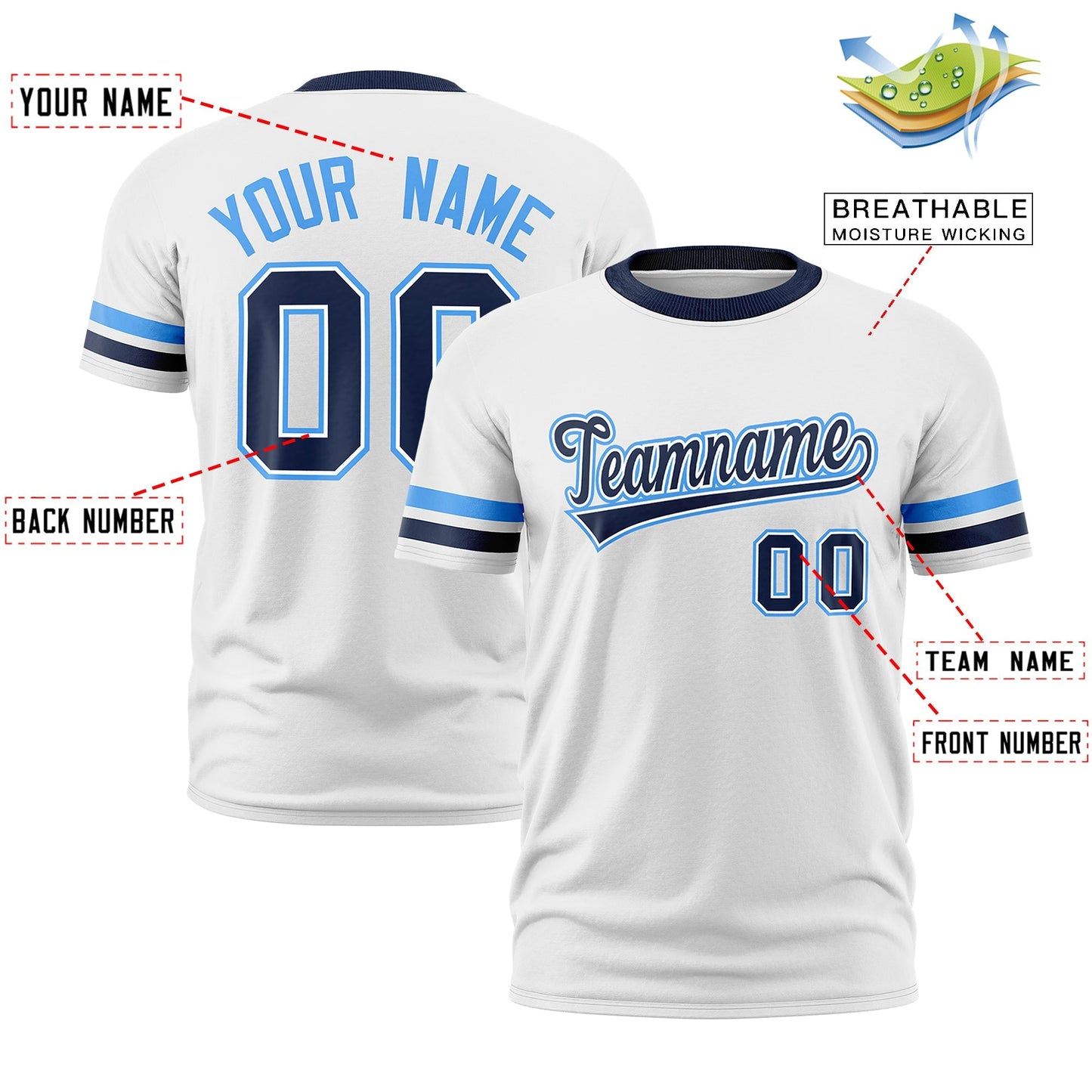Custom White Navy T-shirt Classic Style Stripe Fashion Sports Shirt for Youth & Adults