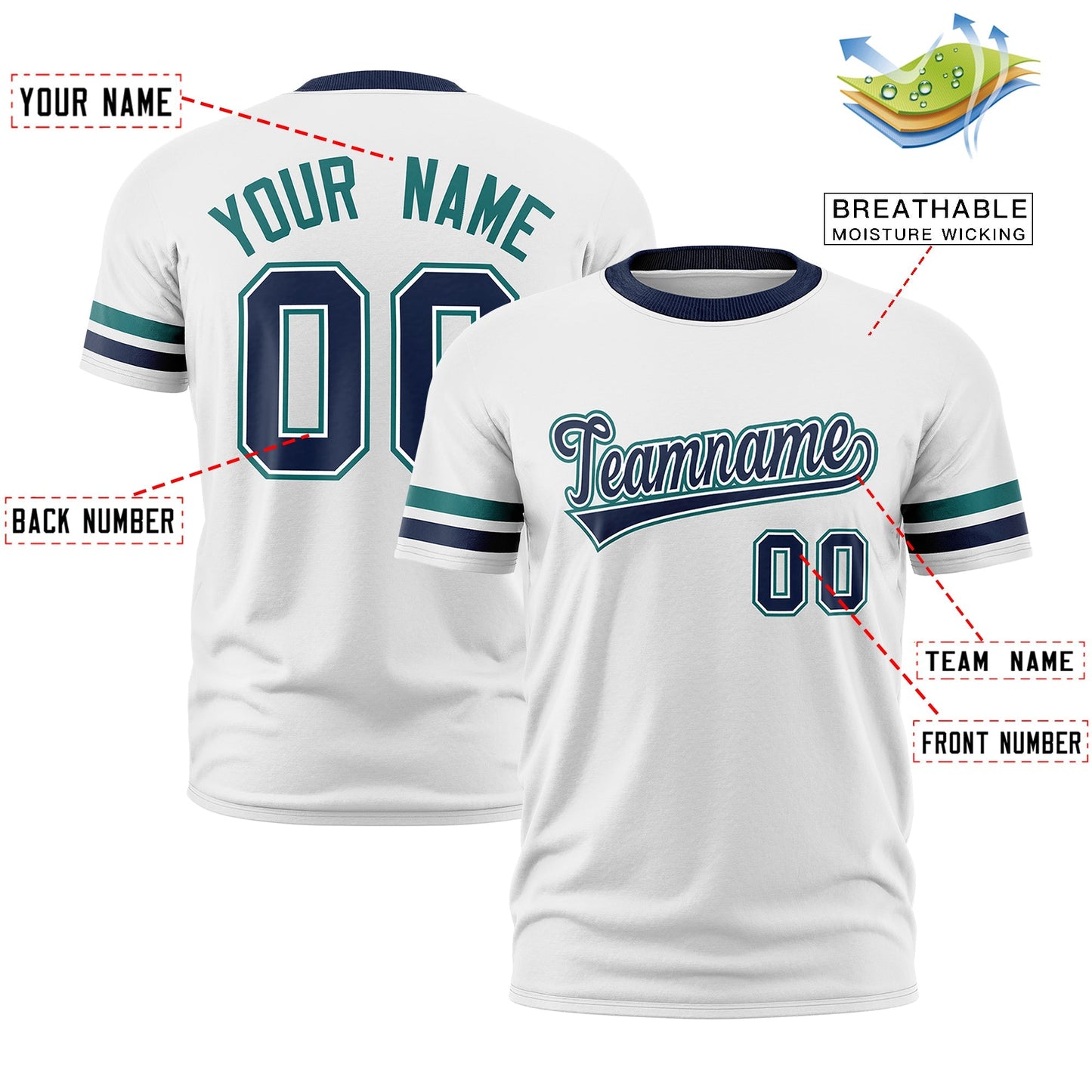 Custom White Navy T-shirt Classic Style Stripe Fashion Sports Shirt for Youth & Adults