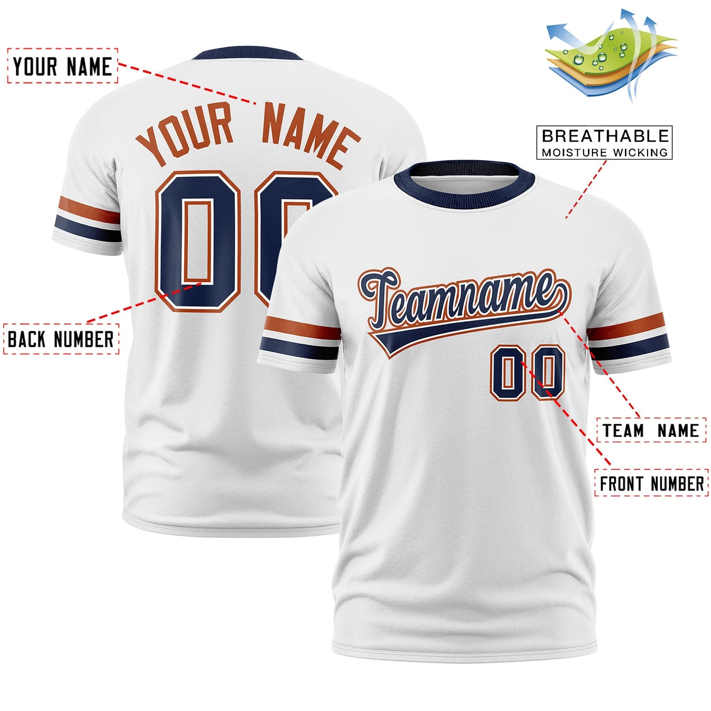 Custom White Navy T-shirt Classic Style Stripe Fashion Sports Shirt for Youth & Adults
