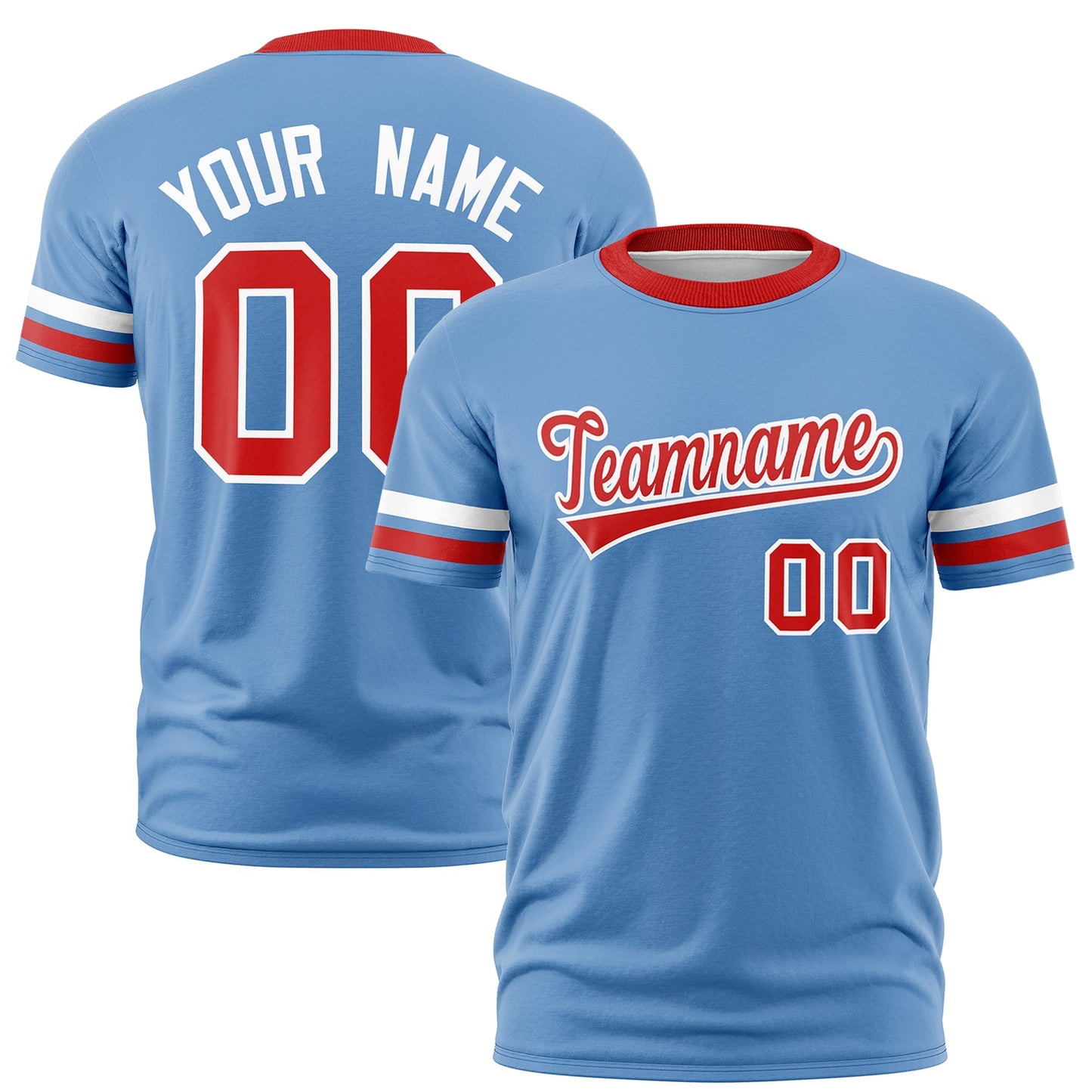 Custom Light Blue Red T-shirt Classic Style Stripe Fashion Sports Shirt for Youth & Adults