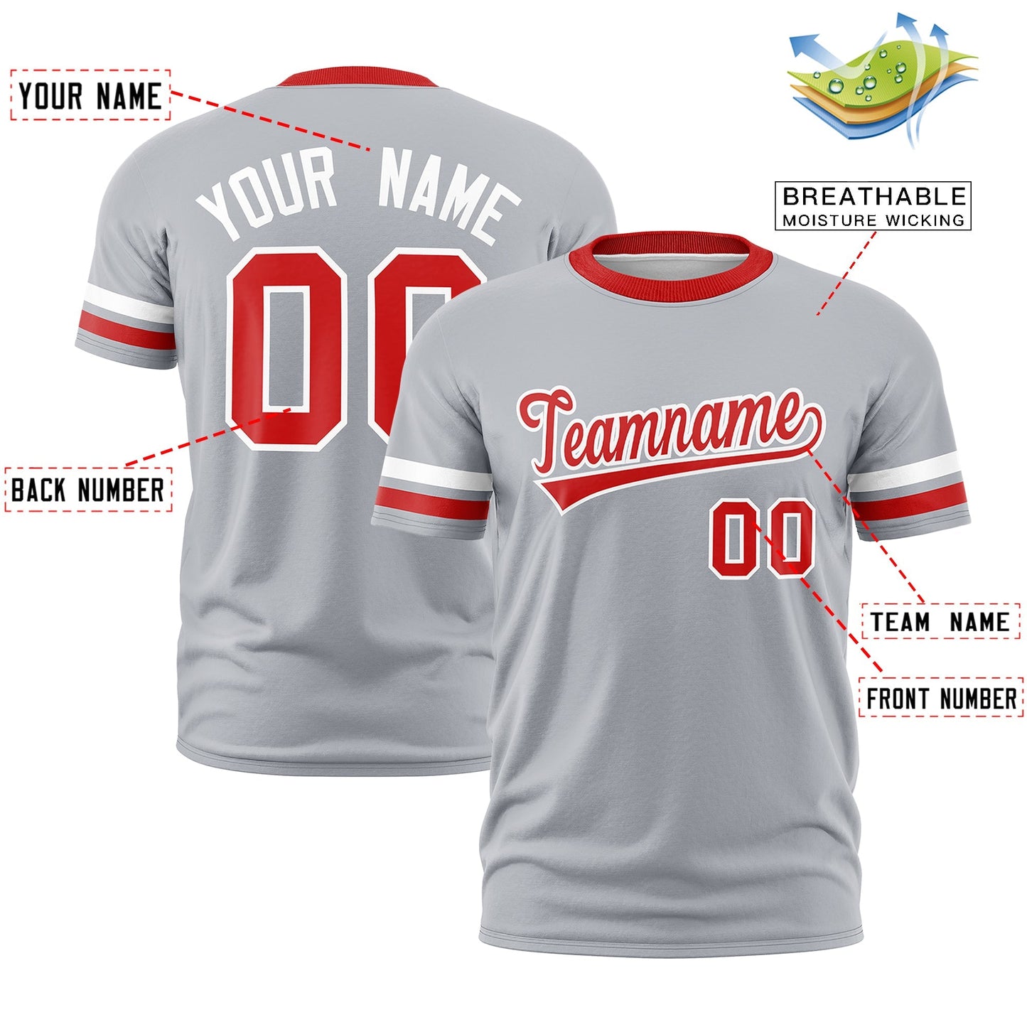 Custom Gray Red T-shirt Classic Style Stripe Fashion Sports Shirt for Youth & Adults