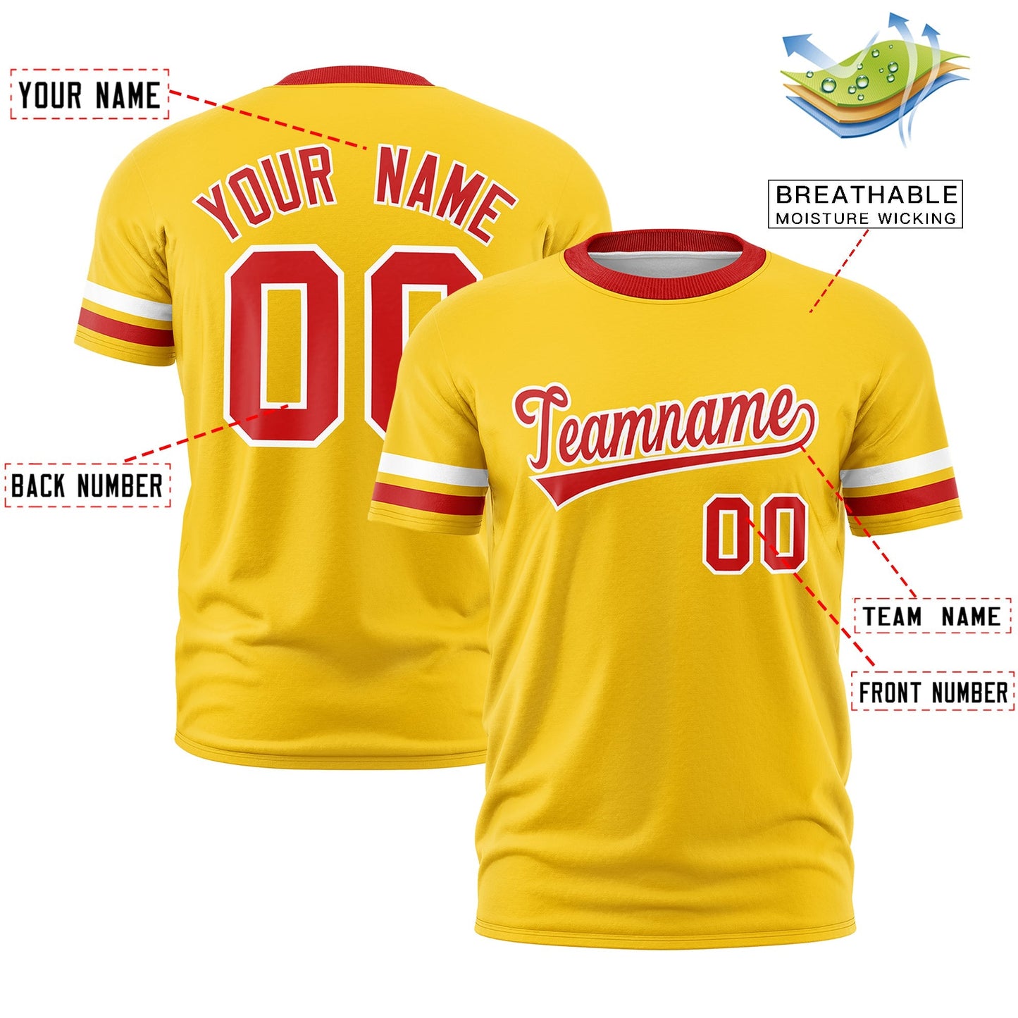Custom Gold Red T-shirt Classic Style Stripe Fashion Sports Shirt for Youth & Adults