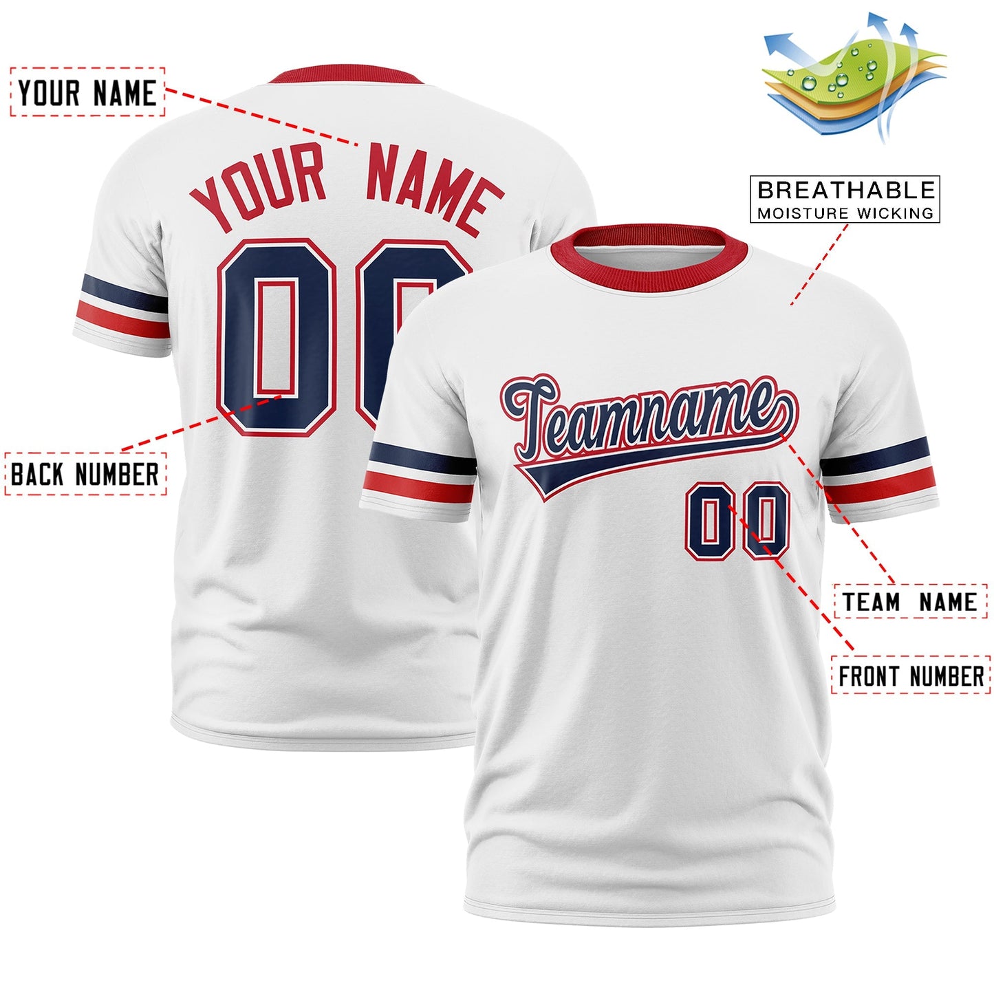 Custom White Red T-shirt Classic Style Stripe Fashion Sports Shirt for Youth & Adults