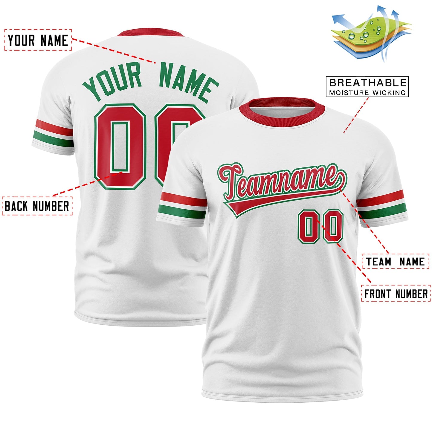 Custom White Kelly Green T-shirt Classic Style Stripe Fashion Sports Shirt for Youth & Adults