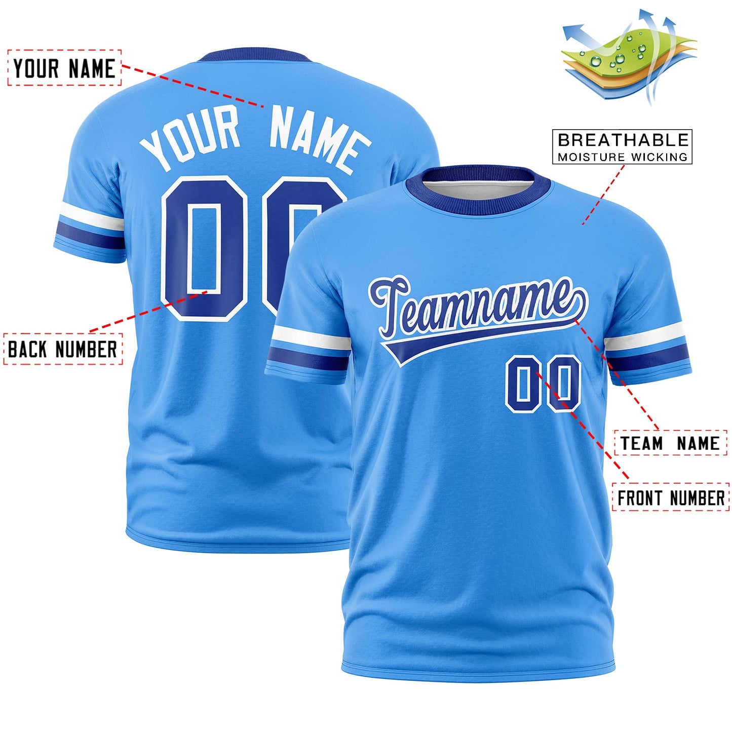 Custom Powder Blue Royal Blue T-shirt Classic Style Stripe Fashion Sports Shirt for Youth & Adults