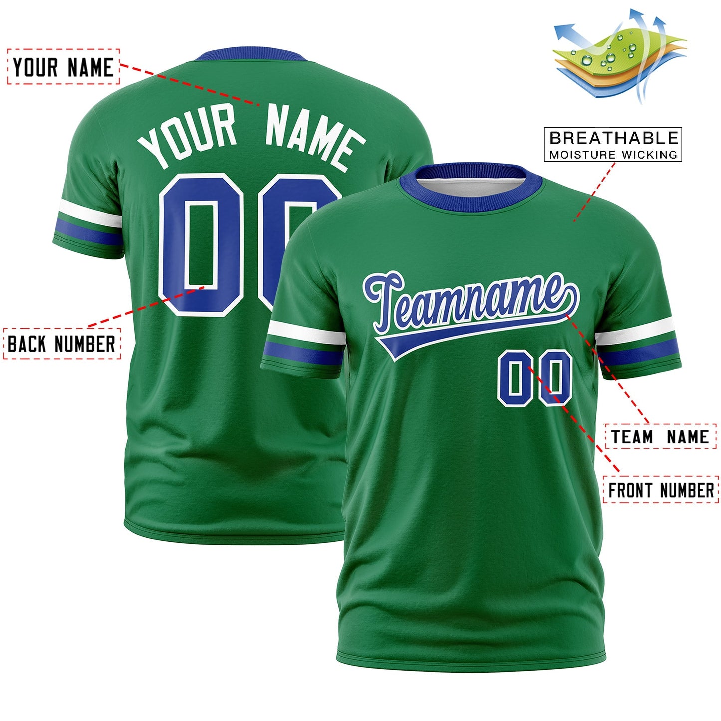 Custom Kelly Green Royal Blue T-shirt Classic Style Stripe Fashion Sports Shirt for Youth & Adults