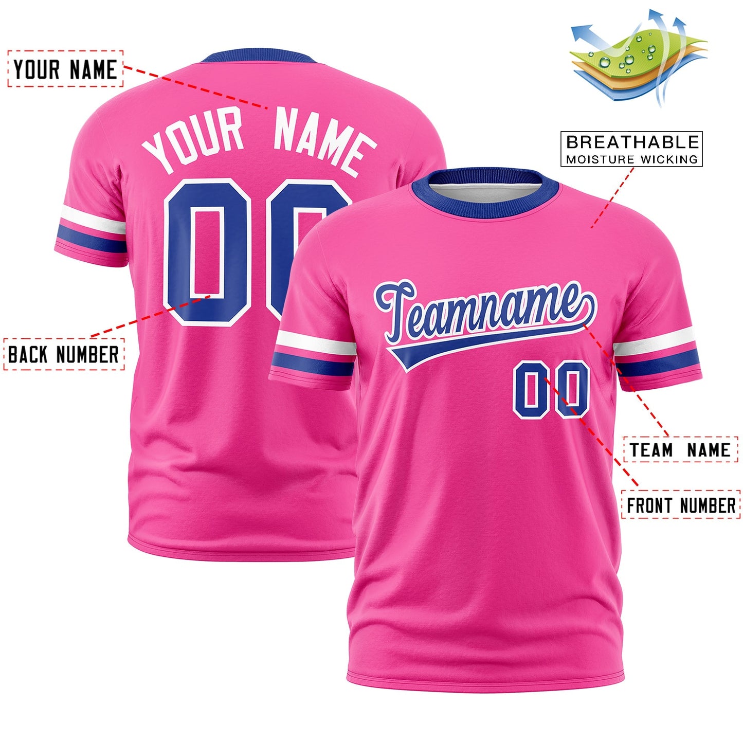 Custom Pink Royal Blue T-shirt Classic Style Stripe Fashion Sports Shirt for Youth & Adults
