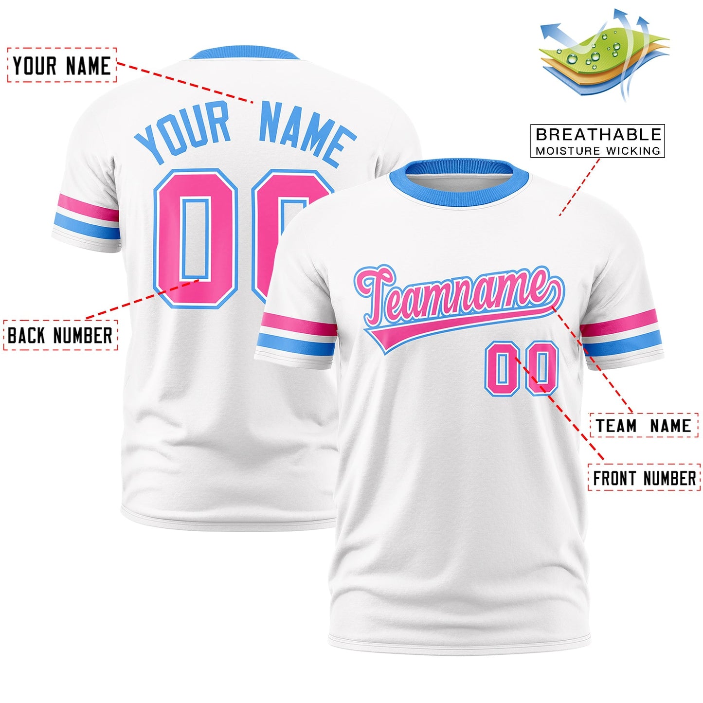 Custom White Powder Blue T-shirt Classic Style Stripe Fashion Sports Shirt for Youth & Adults