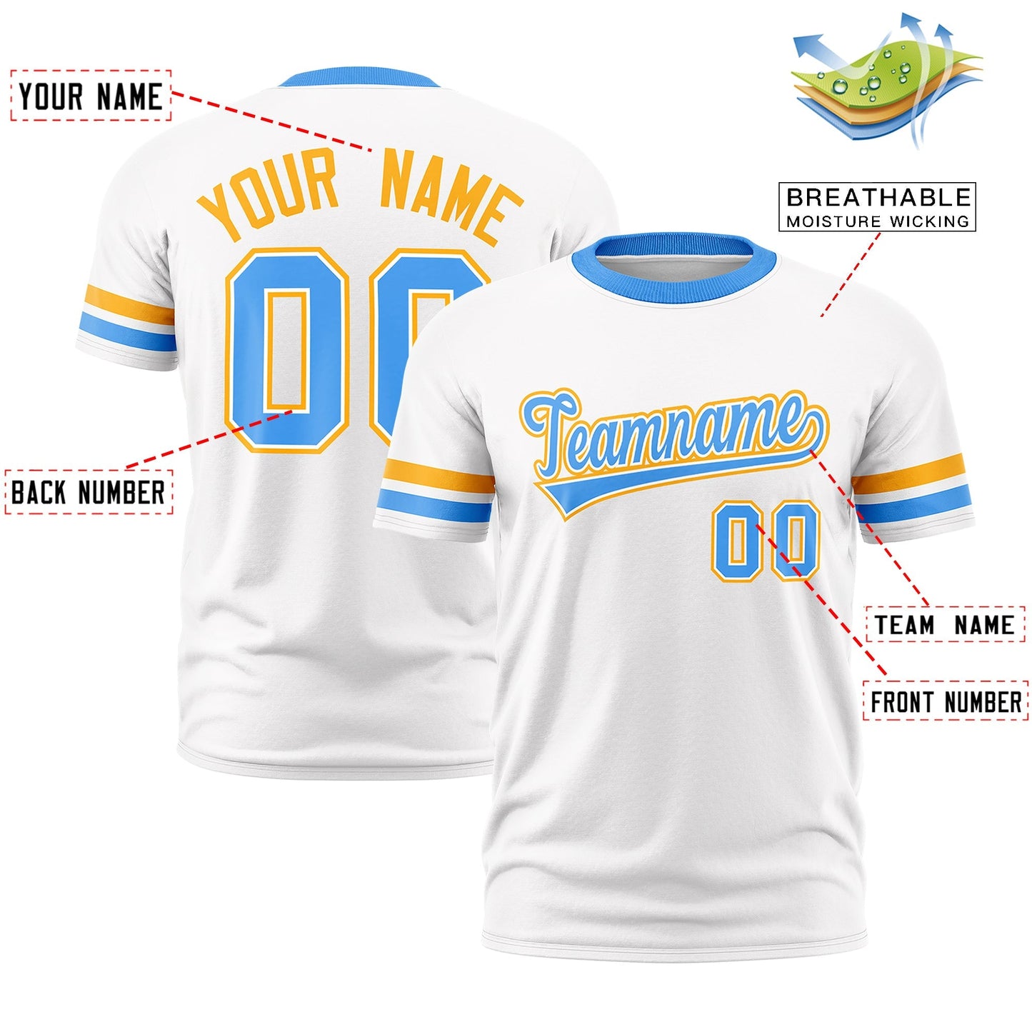Custom White Powder Blue T-shirt Classic Style Stripe Fashion Sports Shirt for Youth & Adults