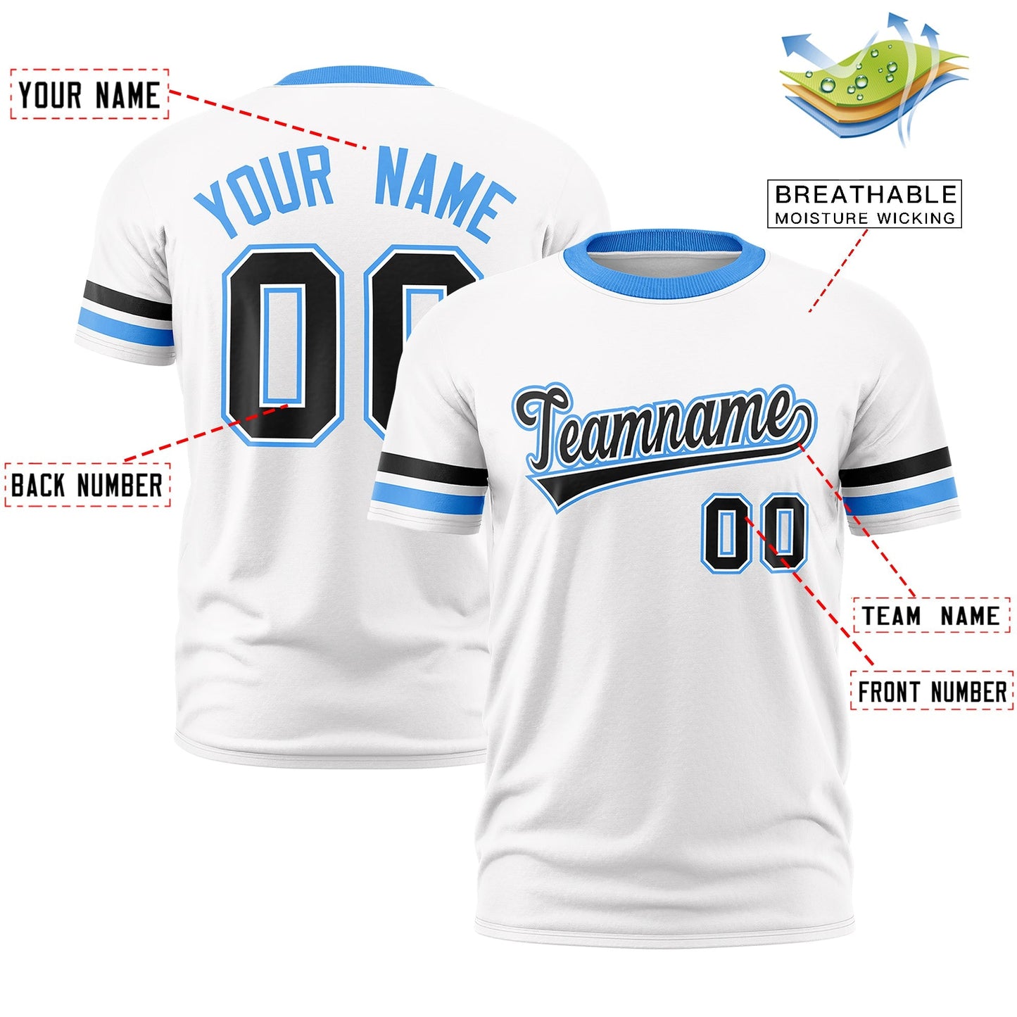 Custom White Powder Blue T-shirt Classic Style Stripe Fashion Sports Shirt for Youth & Adults
