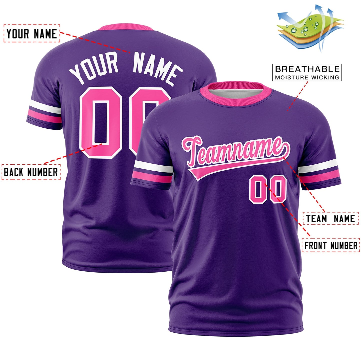 Custom Purple Pink T-shirt Classic Style Stripe Fashion Sports Shirt for Youth & Adults