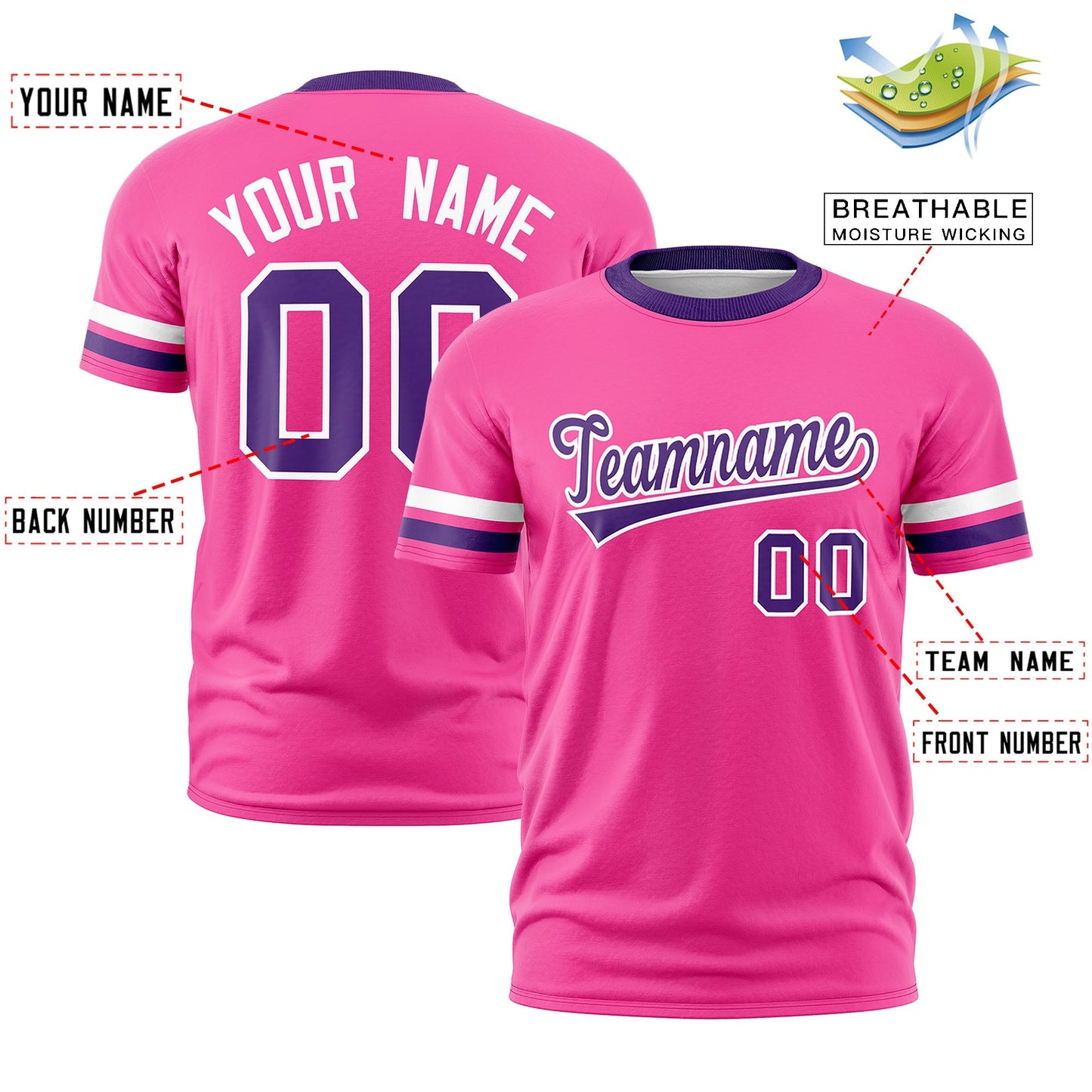 Custom Pink Purple T-shirt Classic Style Stripe Fashion Sports Shirt for Youth & Adults