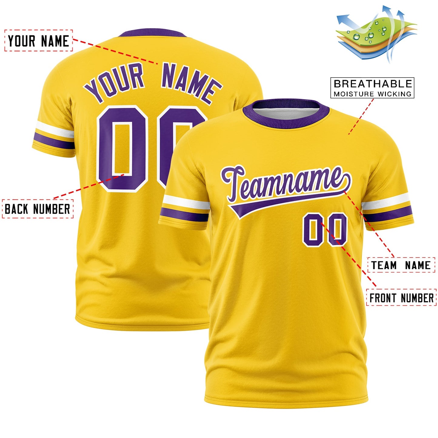 Custom Gold Purple T-shirt Classic Style Stripe Fashion Sports Shirt for Youth & Adults