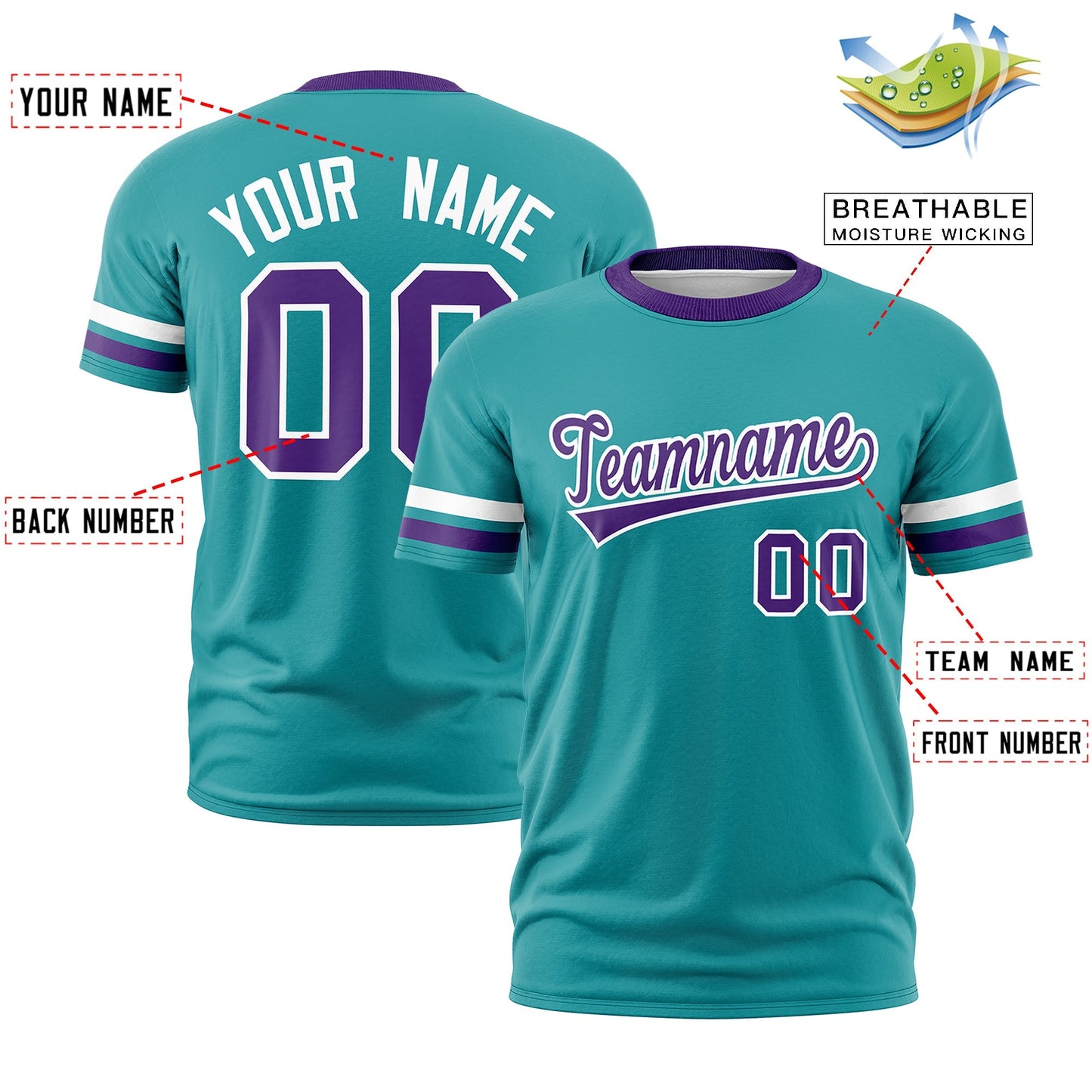 Custom Aqua Purple T-shirt Classic Style Stripe Fashion Sports Shirt for Youth & Adults