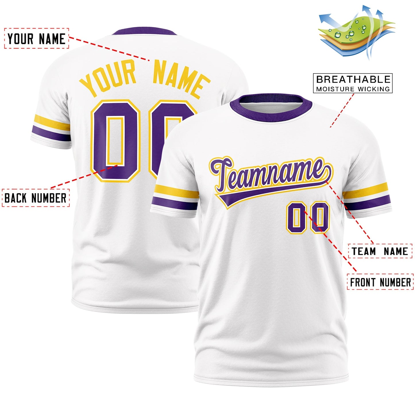 Custom White Purple T-shirt Classic Style Stripe Fashion Sports Shirt for Youth & Adults
