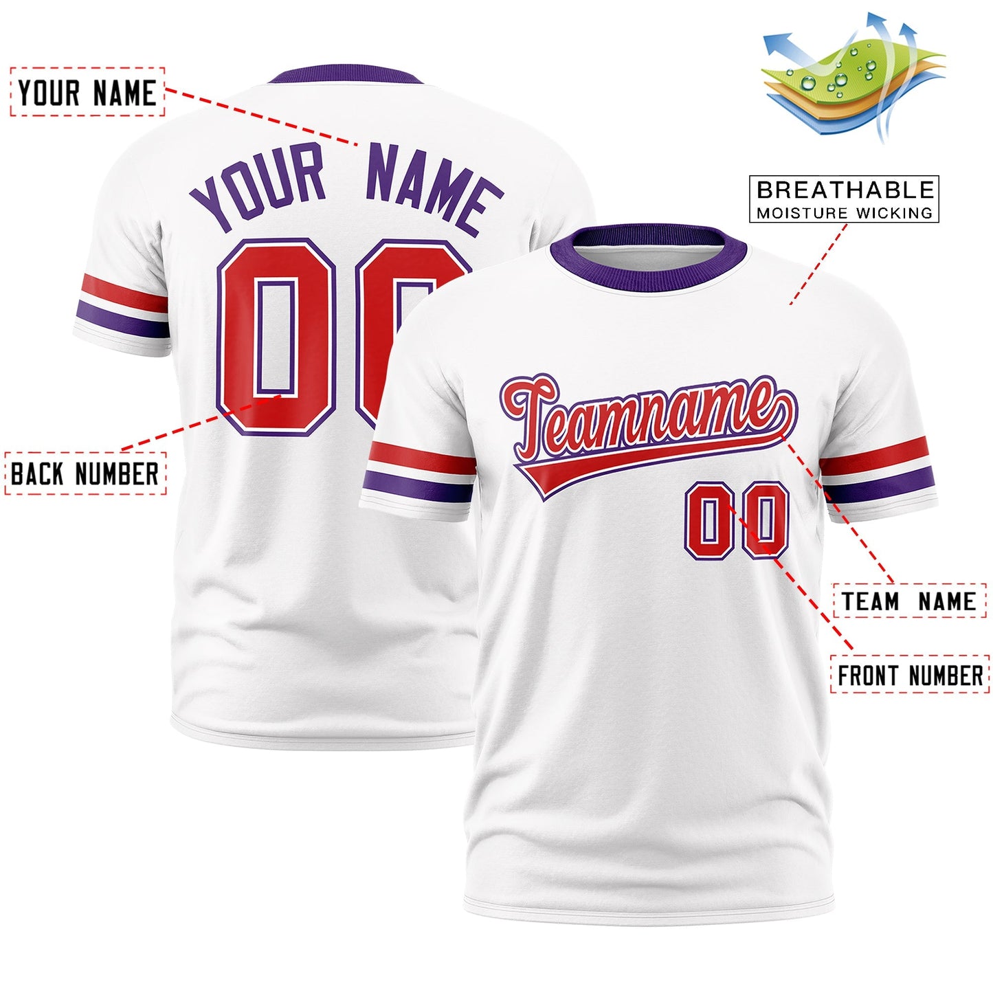 Custom White Purple T-shirt Classic Style Stripe Fashion Sports Shirt for Youth & Adults