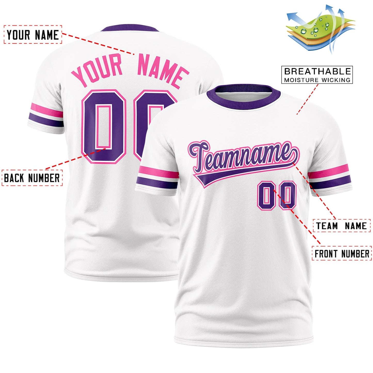 Custom White Purple T-shirt Classic Style Stripe Fashion Sports Shirt for Youth & Adults