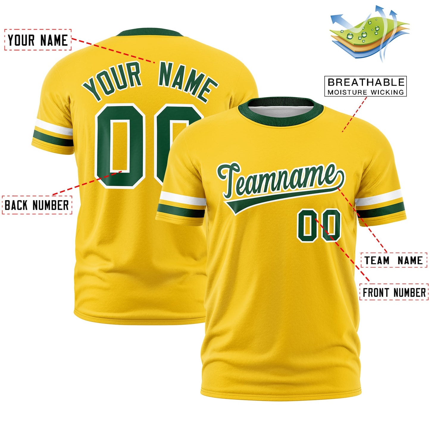 Custom Gold Green T-shirt Classic Style Stripe Fashion Sports Shirt for Youth & Adults