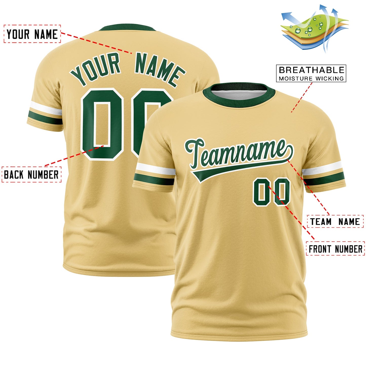 Custom Khaki Green T-shirt Classic Style Stripe Fashion Sports Shirt for Youth & Adults