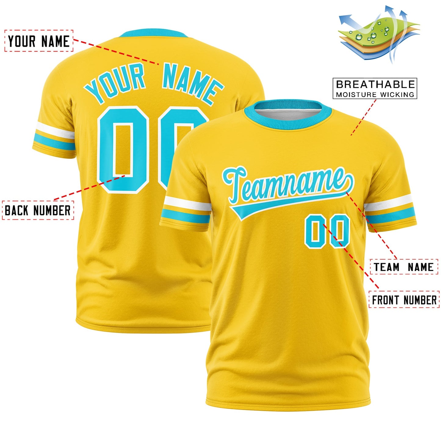 Custom Gold Sky Blue T-shirt Classic Style Stripe Fashion Sports Shirt for Youth & Adults