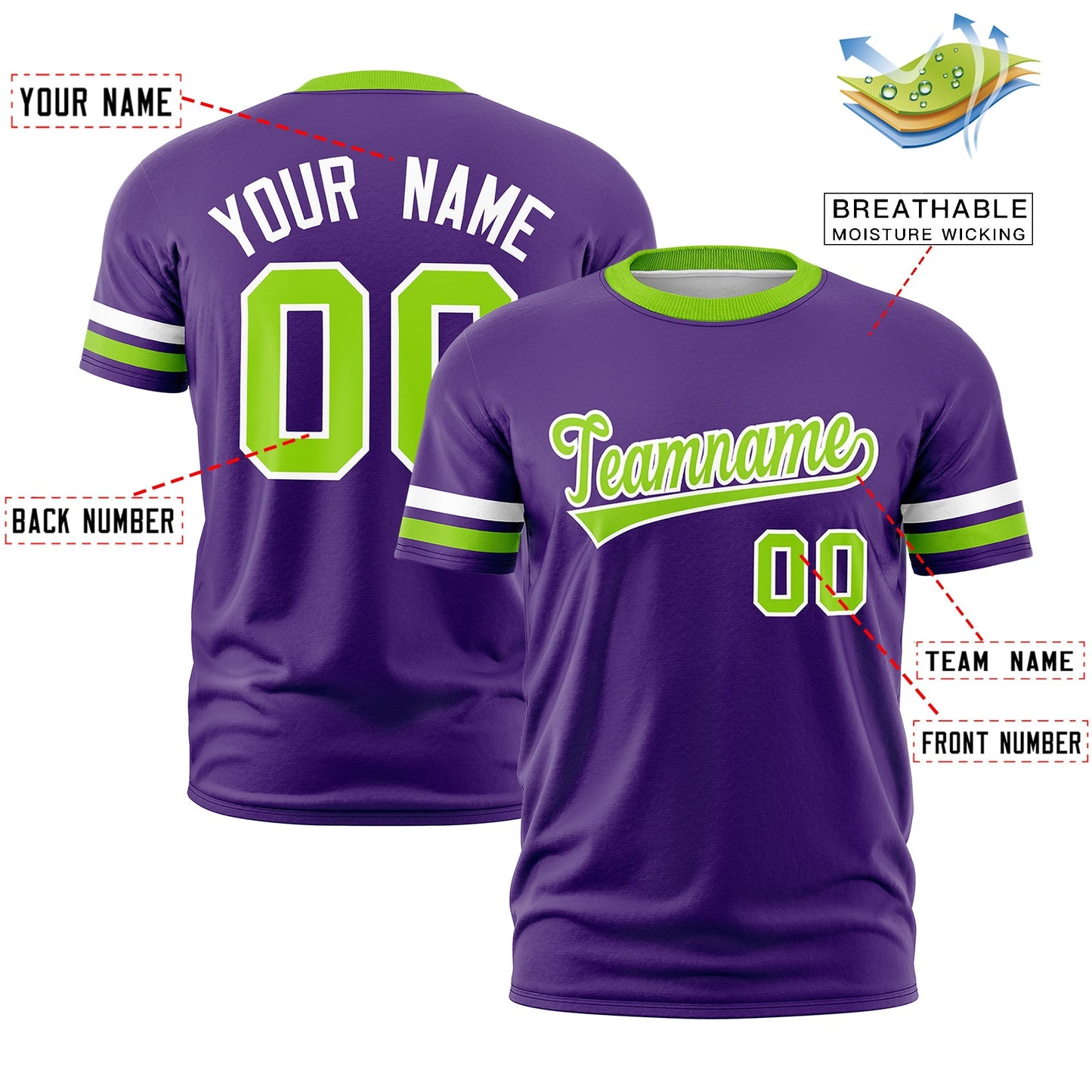 Custom Purple Neon Green T-shirt Classic Style Stripe Fashion Sports Shirt for Youth & Adults