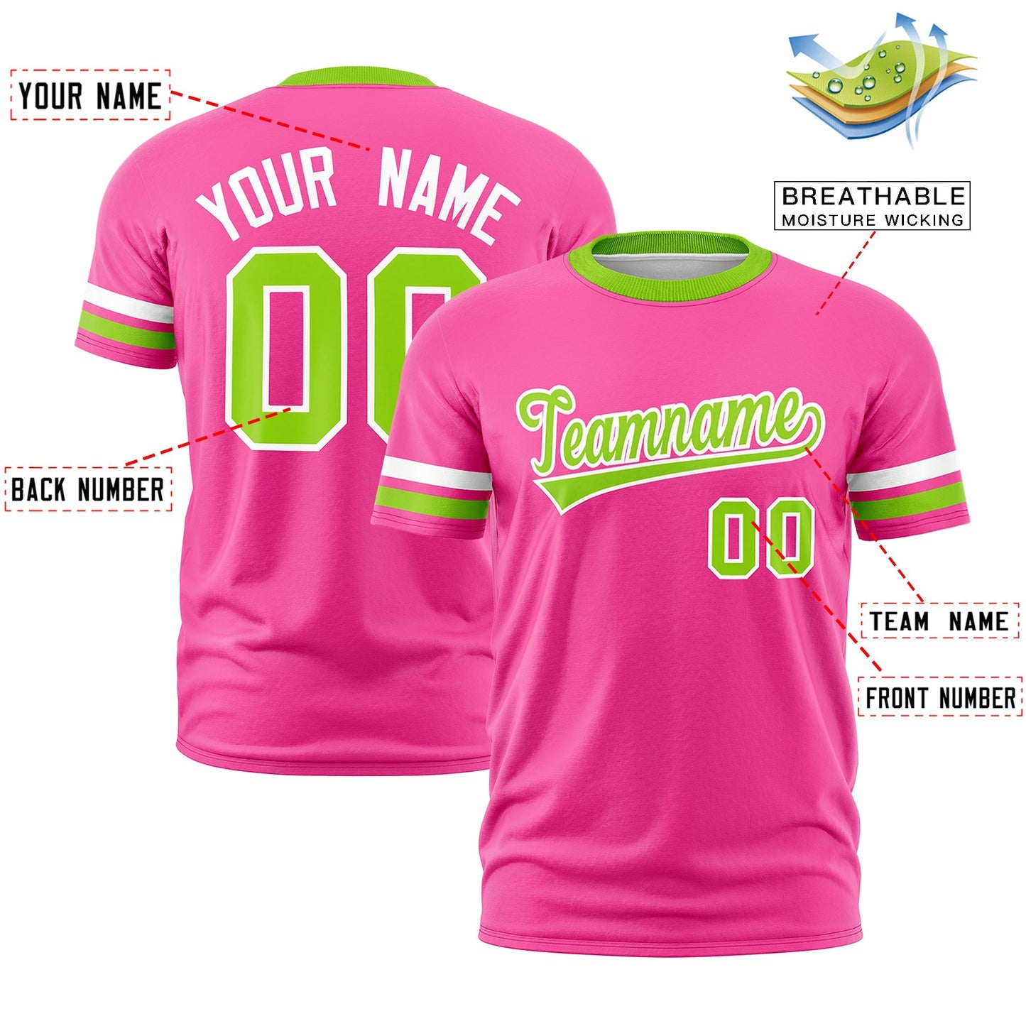 Custom Pink Neon Green T-shirt Classic Style Stripe Fashion Sports Shirt for Youth & Adults