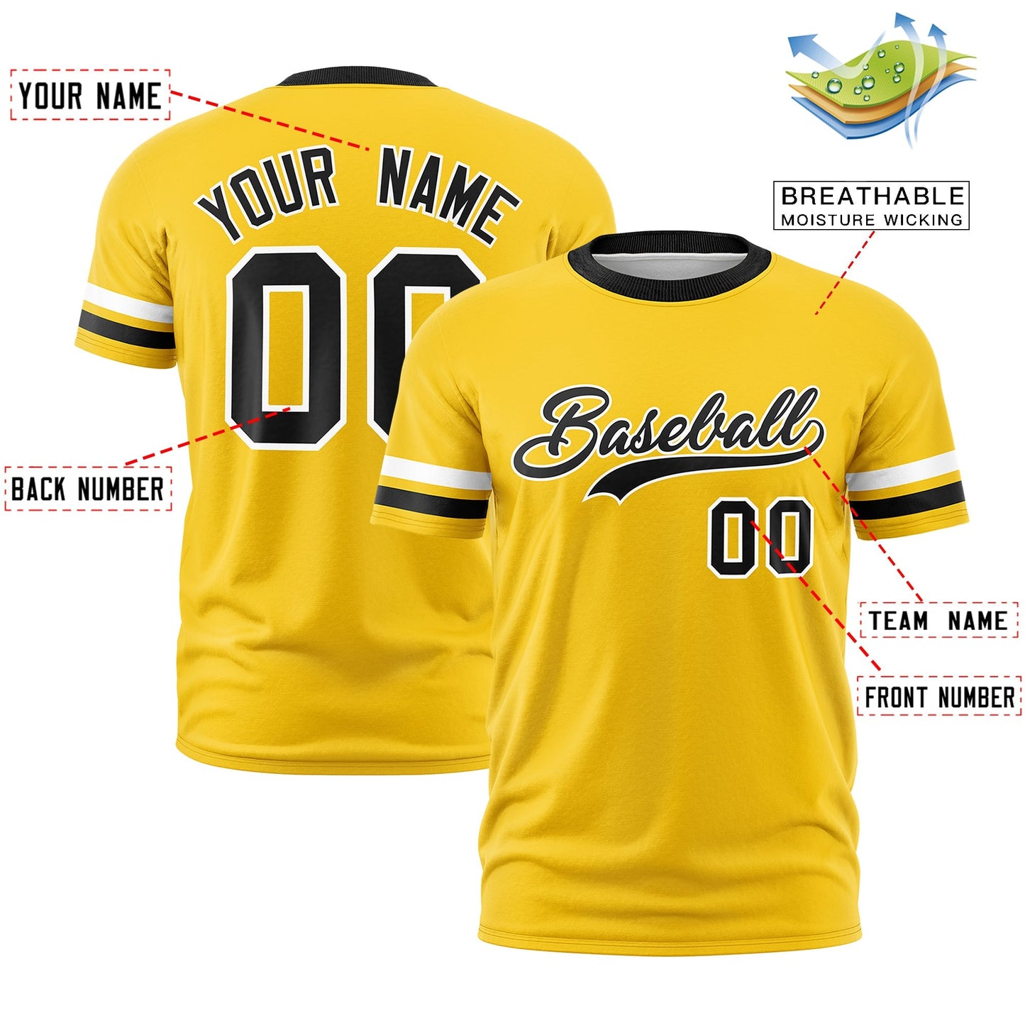 Custom Gold Black T-shirt Classic Style Stripe Fashion Sports Shirt for Youth & Adults