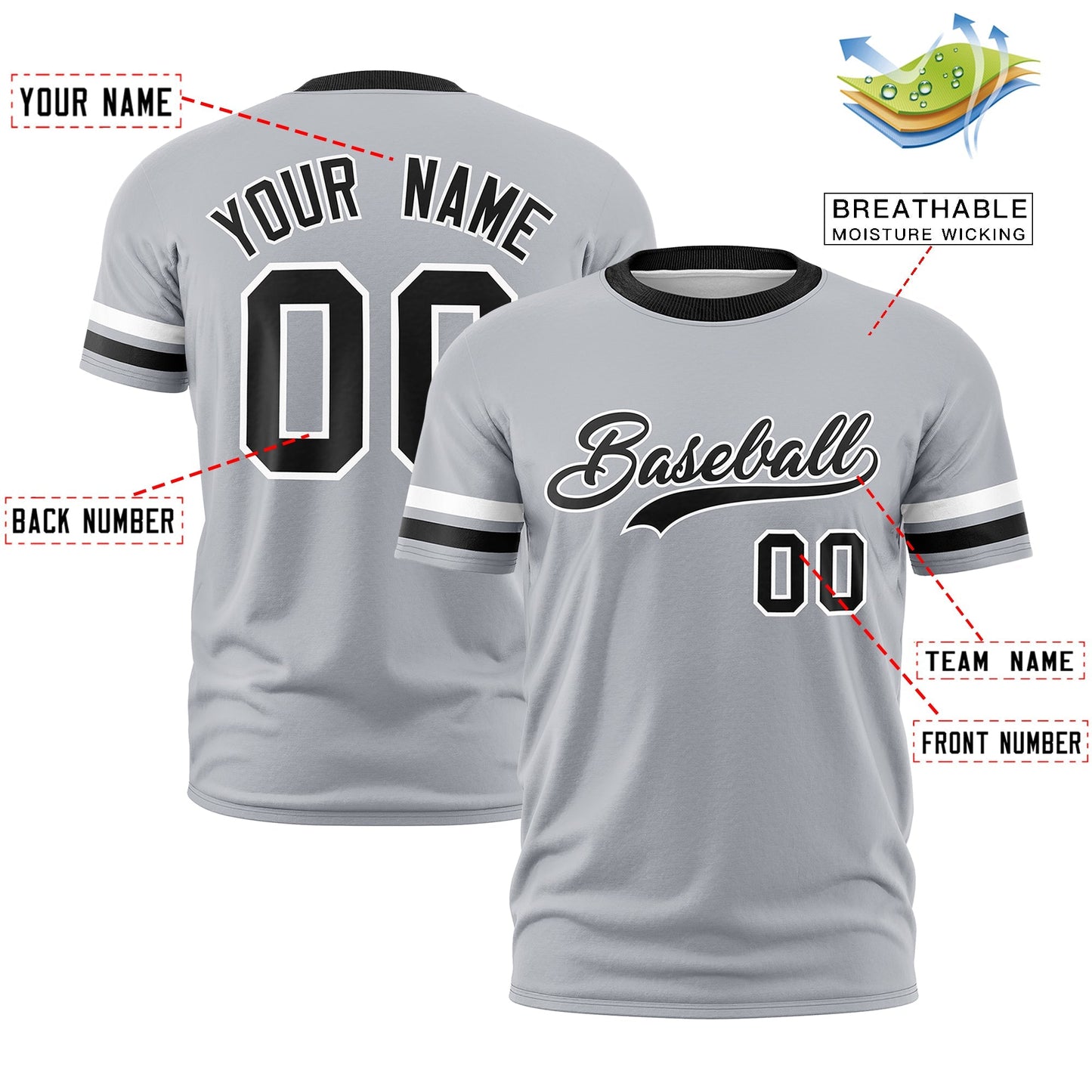 Custom Gray Black T-shirt Classic Style Stripe Fashion Sports Shirt for Youth & Adults