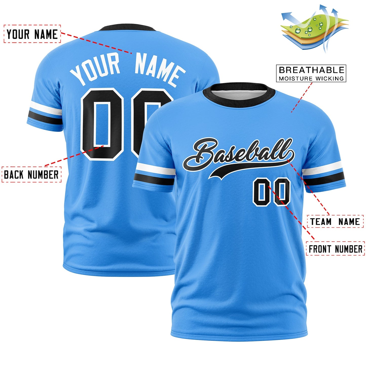 Custom Powder Blue Black T-shirt Classic Style Stripe Fashion Sports Shirt for Youth & Adults