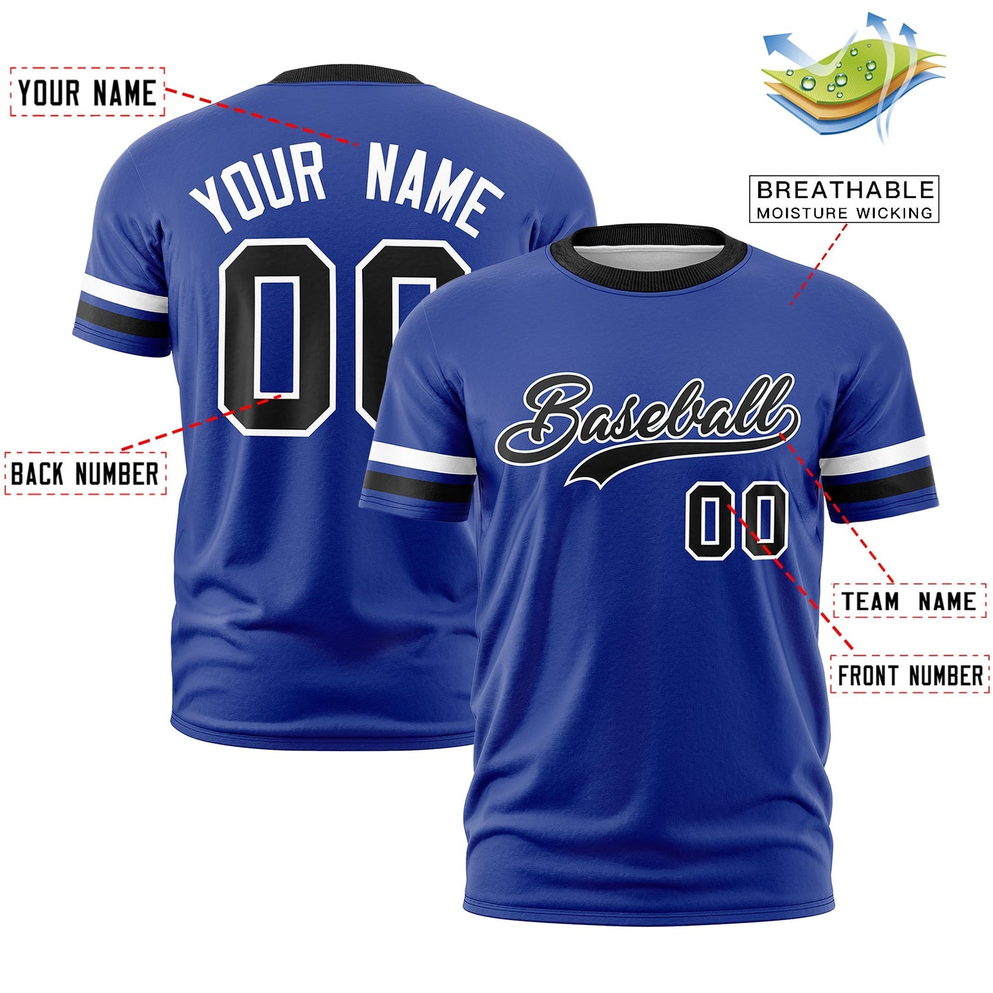 Custom Royal Blue Black T-shirt Classic Style Stripe Fashion Sports Shirt for Youth & Adults