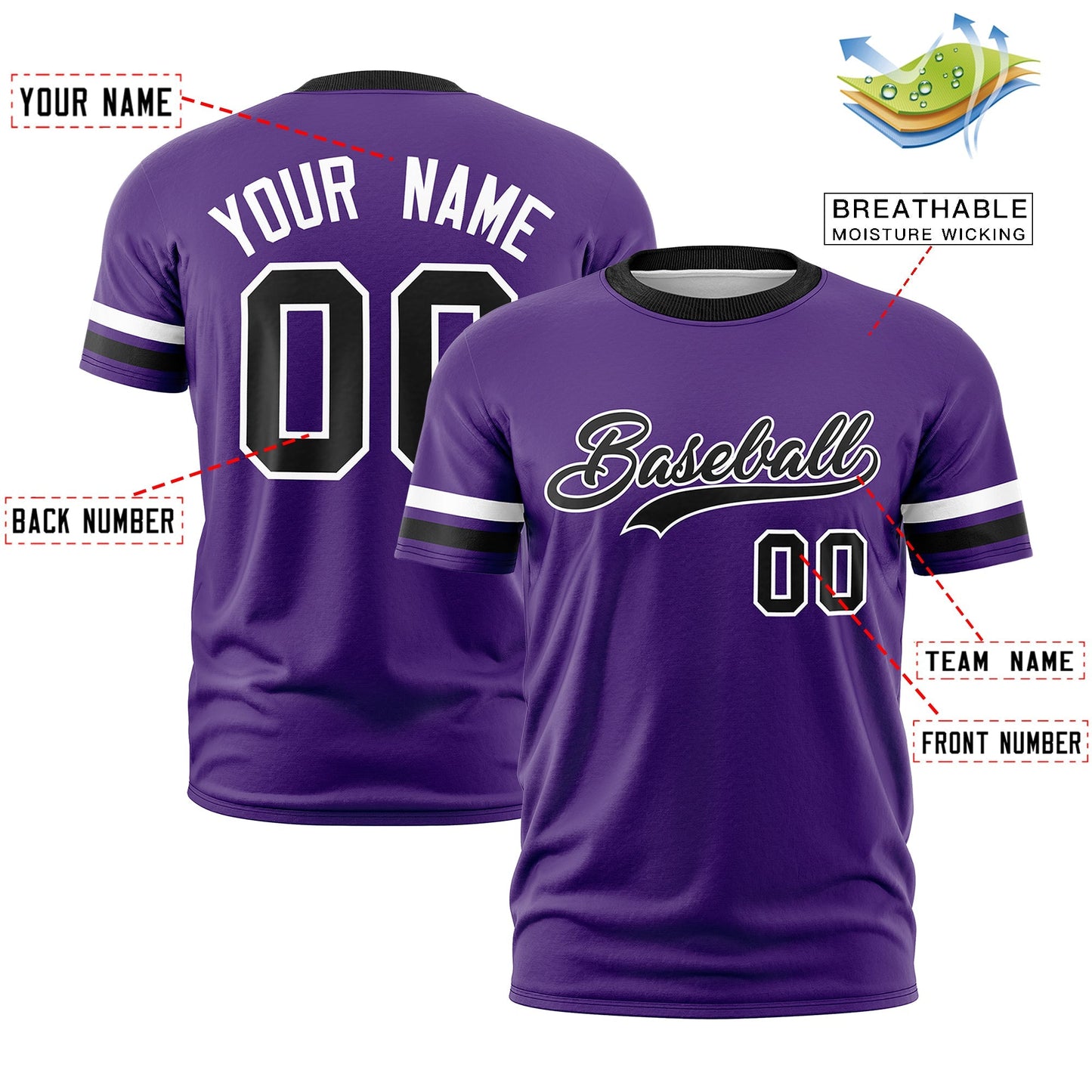 Custom Purple Black T-shirt Classic Style Stripe Fashion Sports Shirt for Youth & Adults