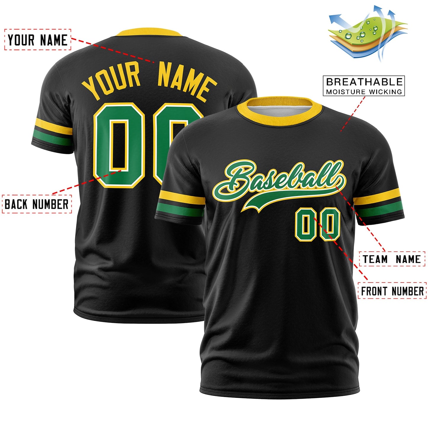 Custom Black Kelly Green T-shirt Classic Style Stripe Fashion Sports Shirt for Youth & Adults