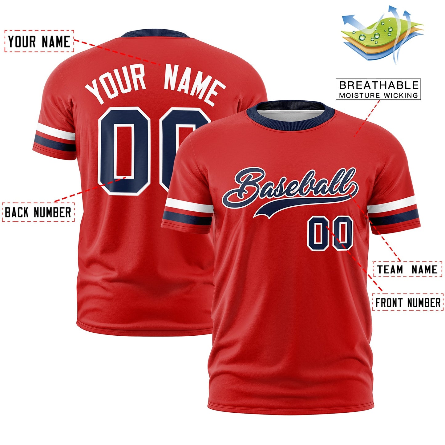 Custom Red Navy T-shirt Classic Style Stripe Fashion Sports Shirt for Youth & Adults