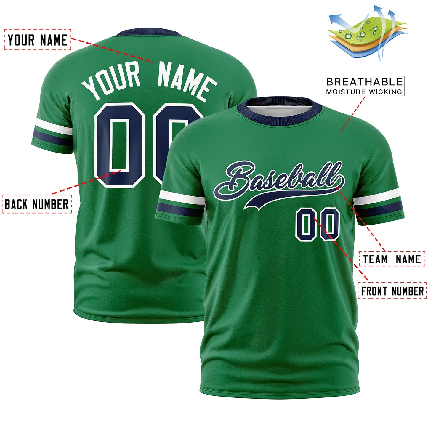 Custom Kelly Green Navy T-shirt Classic Style Stripe Fashion Sports Shirt for Youth & Adults
