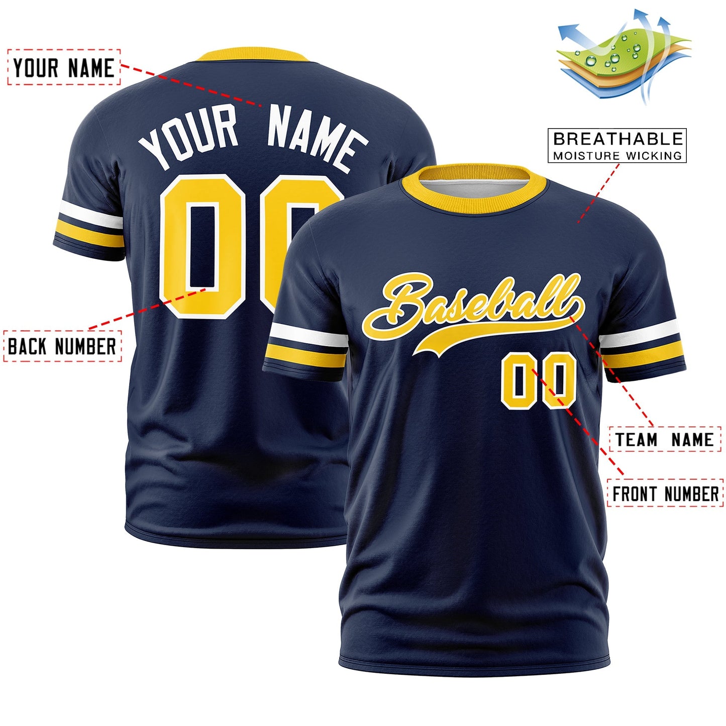 Custom Navy Gold T-shirt Classic Style Stripe Fashion Sports Shirt for Youth & Adults