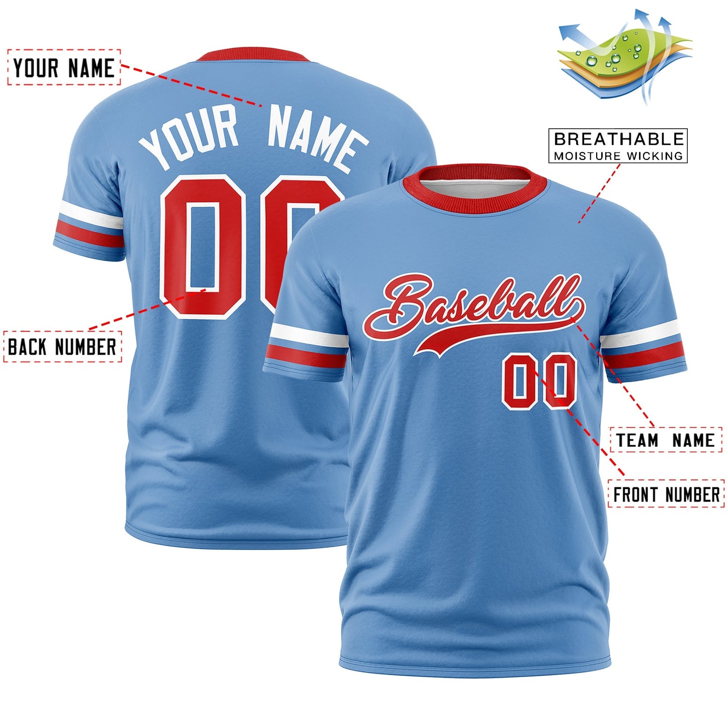 Custom Light Blue Red T-shirt Classic Style Stripe Fashion Sports Shirt for Youth & Adults