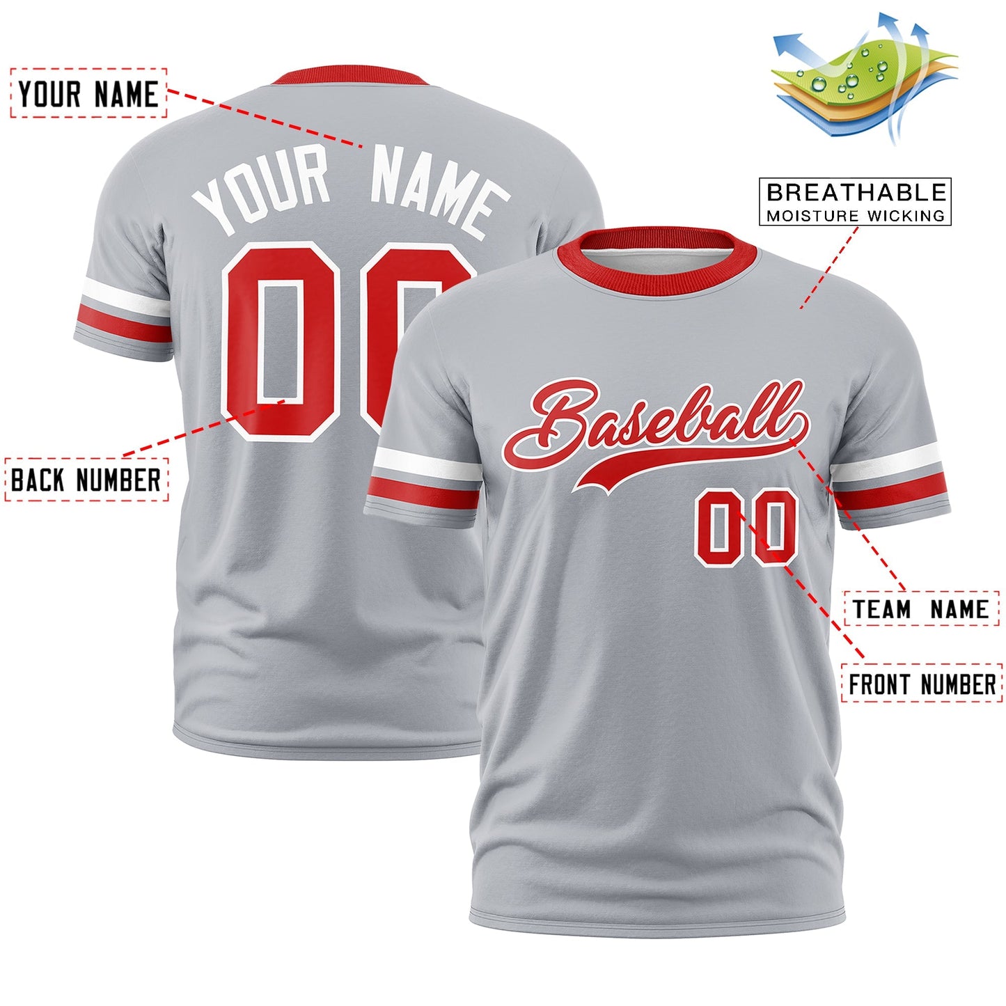 Custom Gray Red T-shirt Classic Style Stripe Fashion Sports Shirt for Youth & Adults